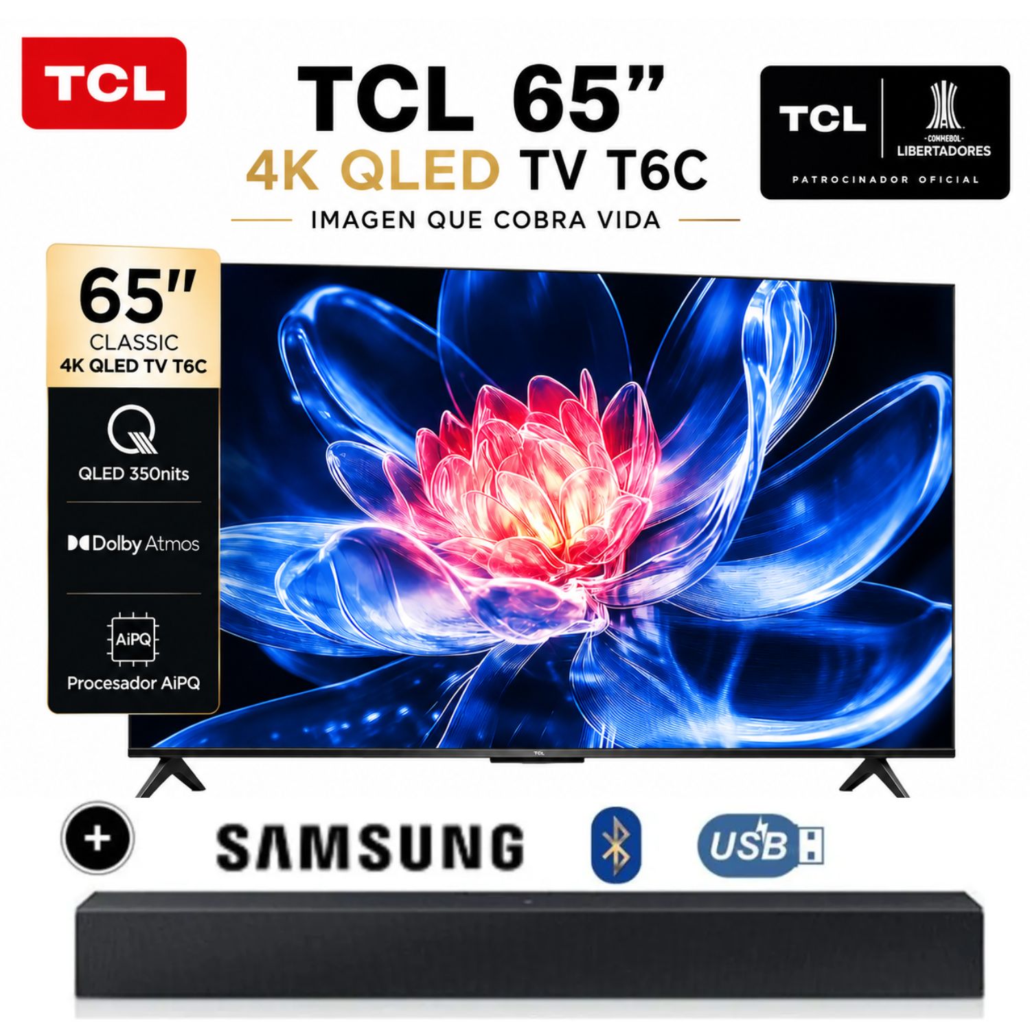 Televisor TCL 65” QLED 4K 65T6C con Google TV + Soundbar Samsung