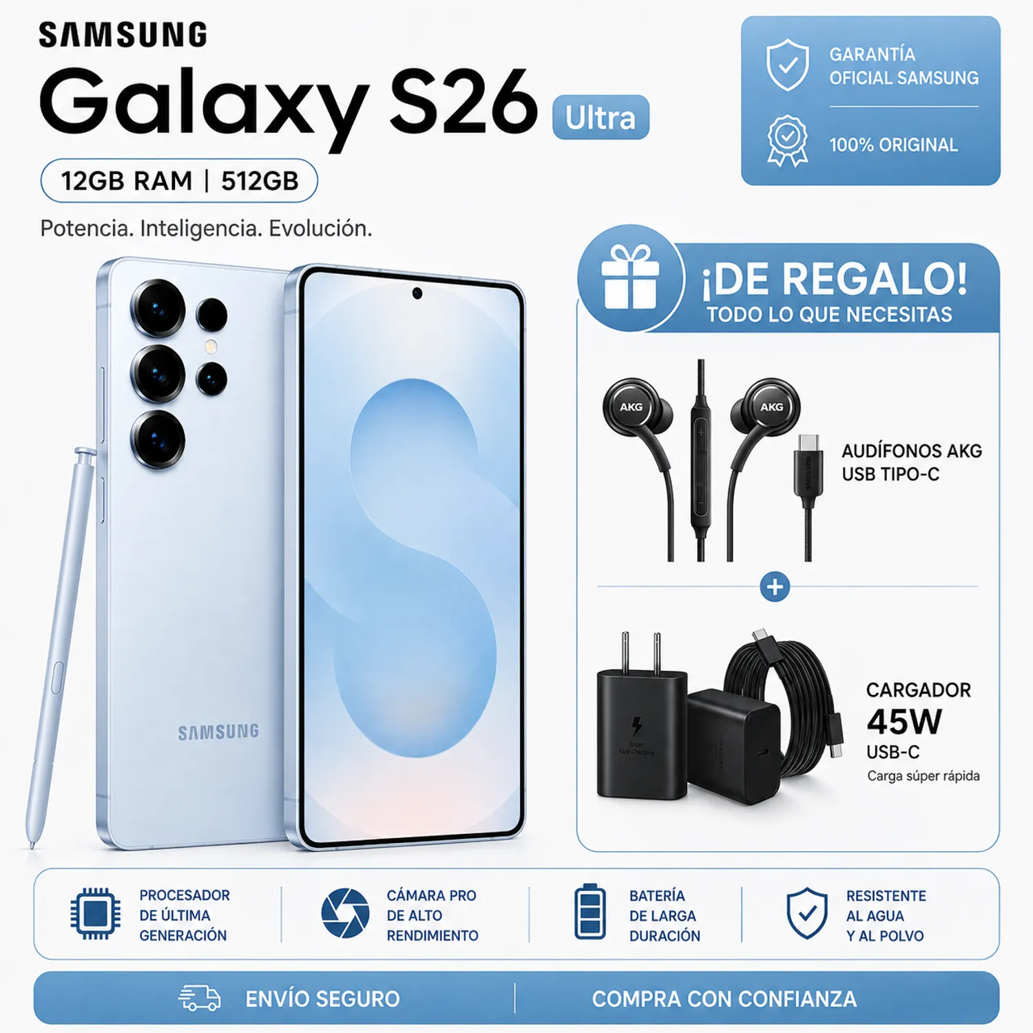 SAMSUNG S26 ULTRA 512GB - SKY BLUE + AUDIFONOS + CARGADOR