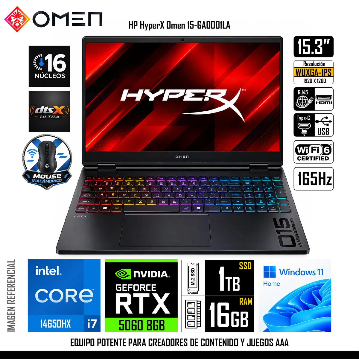 HP - Laptop Gamer HP OMEN 15-GA0001LA 15.3" FHD Intel Core i7-14650HX 16GB RAM 1TB SSD  RTX 5060 8GB