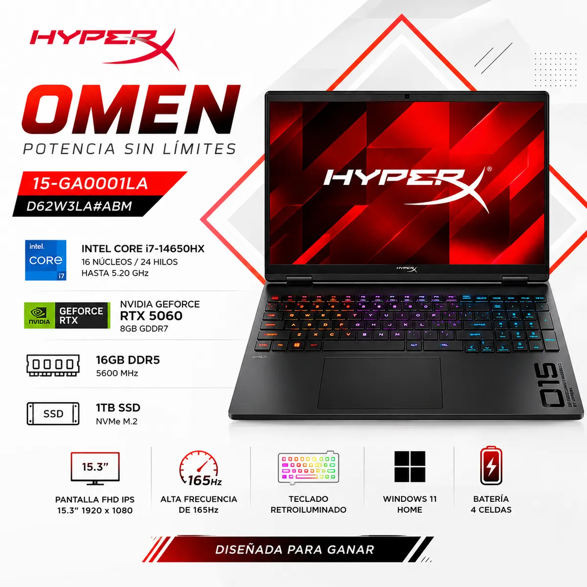 HP - Laptop Gamer HP OMEN 15-GA0001LA 15.3" FHD Intel Core i7-14650HX 16GB RAM 1TB SSD  RTX 5060 8GB