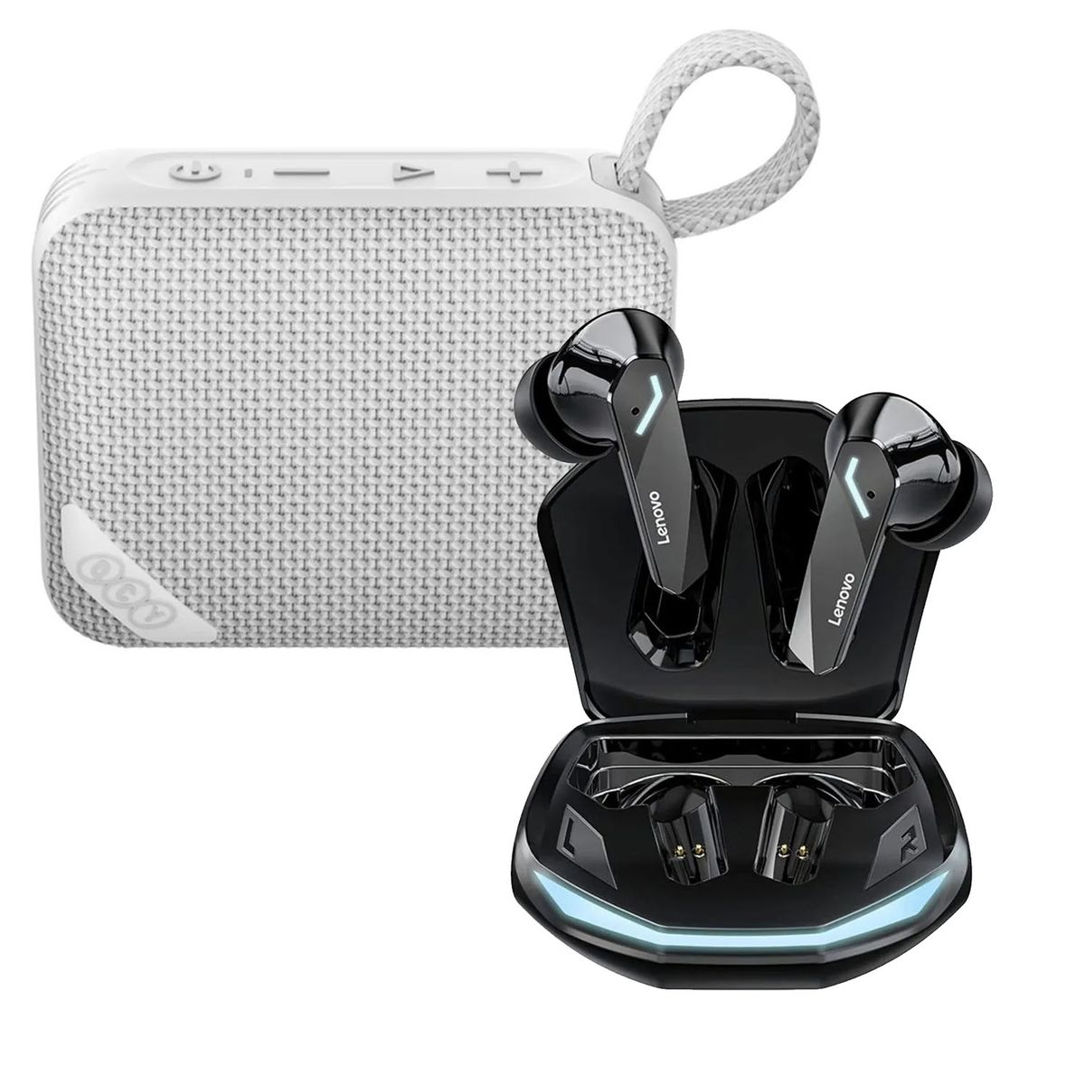 LENOVO - Combo Parlante QCY SP2 Gris + Audífonos Lenovo GM2 Pro Negro