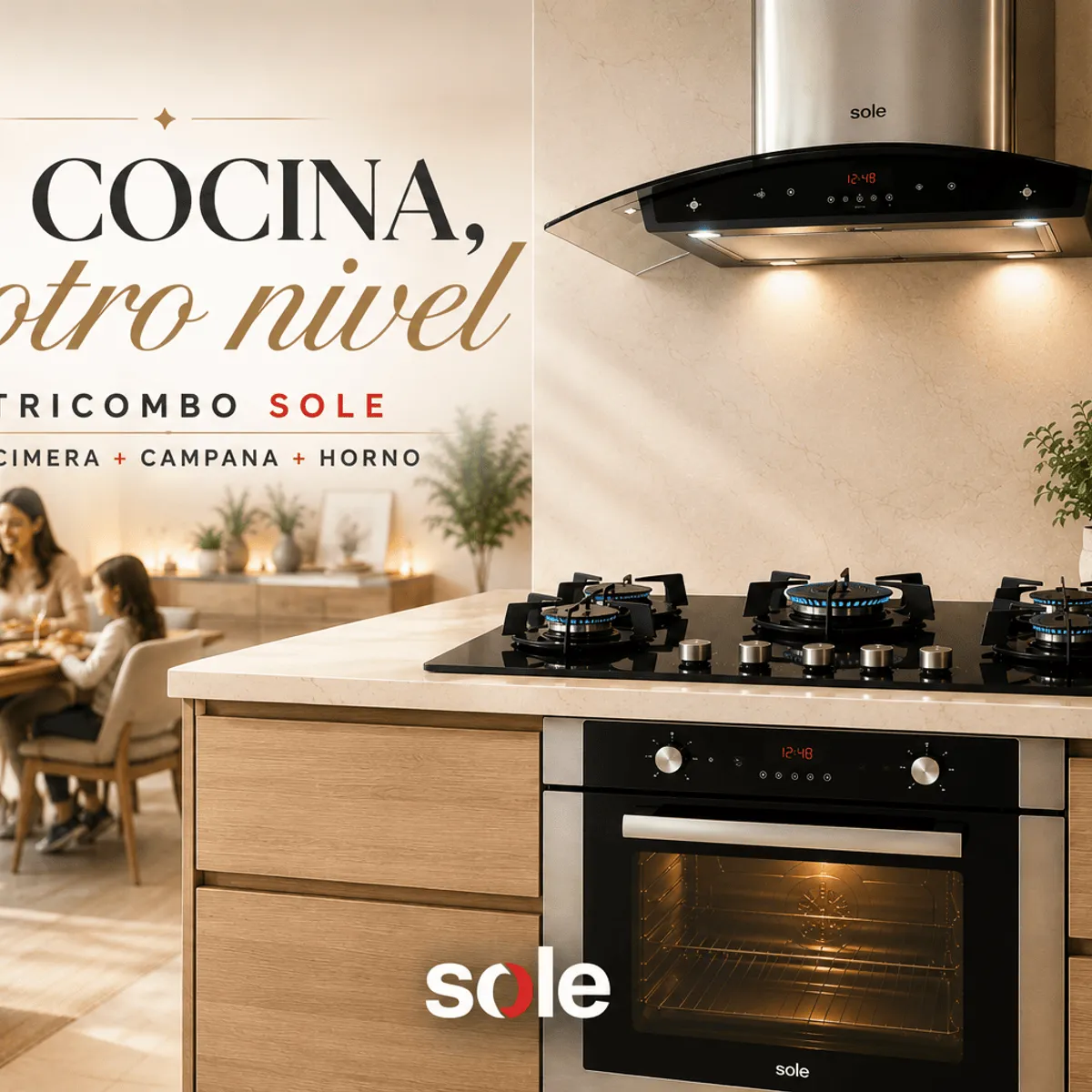 Sole - Tricombo Sole Premium: Encimera 5 Hornillas + Horno a Gas 70L + Campana Venus Plus 90cm