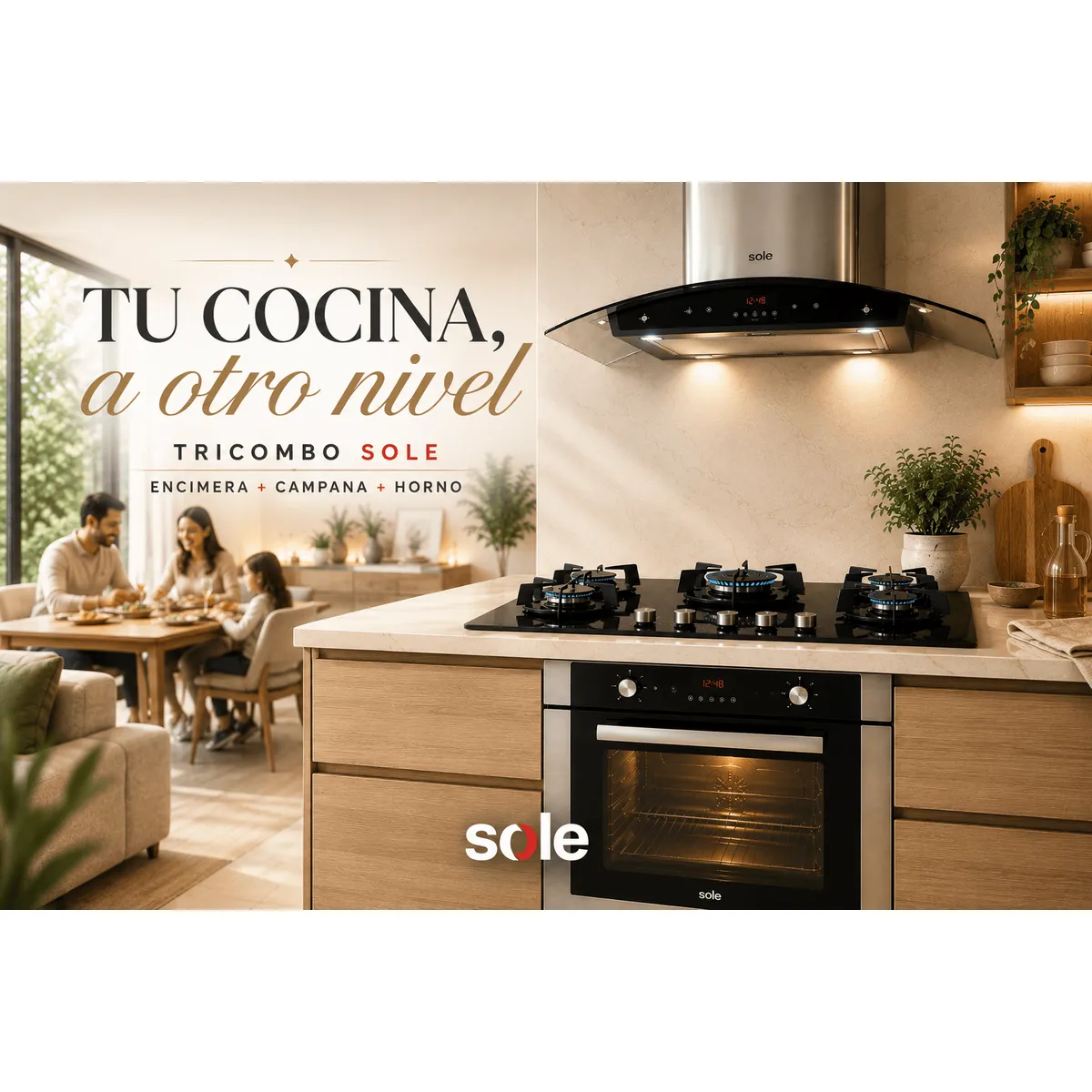 Sole - Tricombo Sole Premium: Encimera 5 Hornillas + Horno a Gas 70L + Campana Venus Plus 90cm