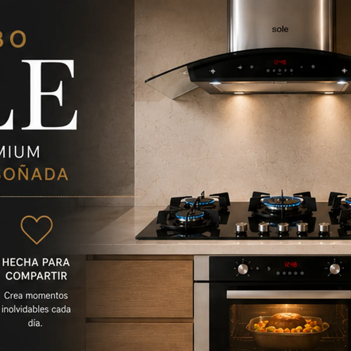 Sole - Tricombo Sole Premium: Encimera 5 Hornillas + Horno a Gas 70L + Campana Venus Plus 90cm