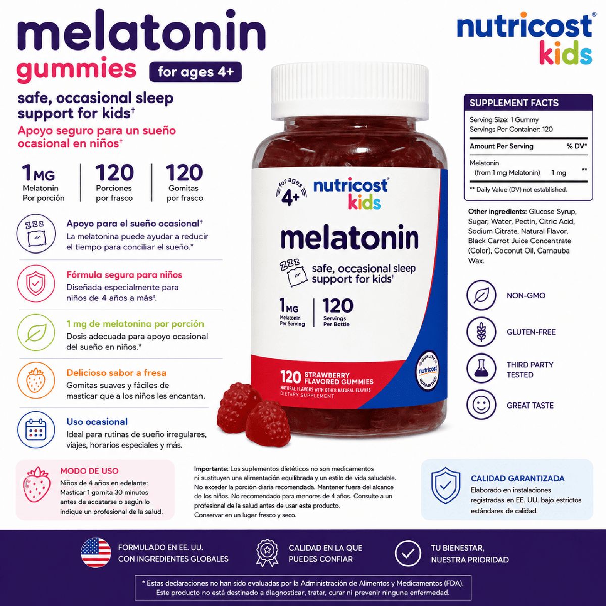GENERICO - Melatonina Niños Nutricost Kids 1 mg 120 Gomitas Sabor Fresa