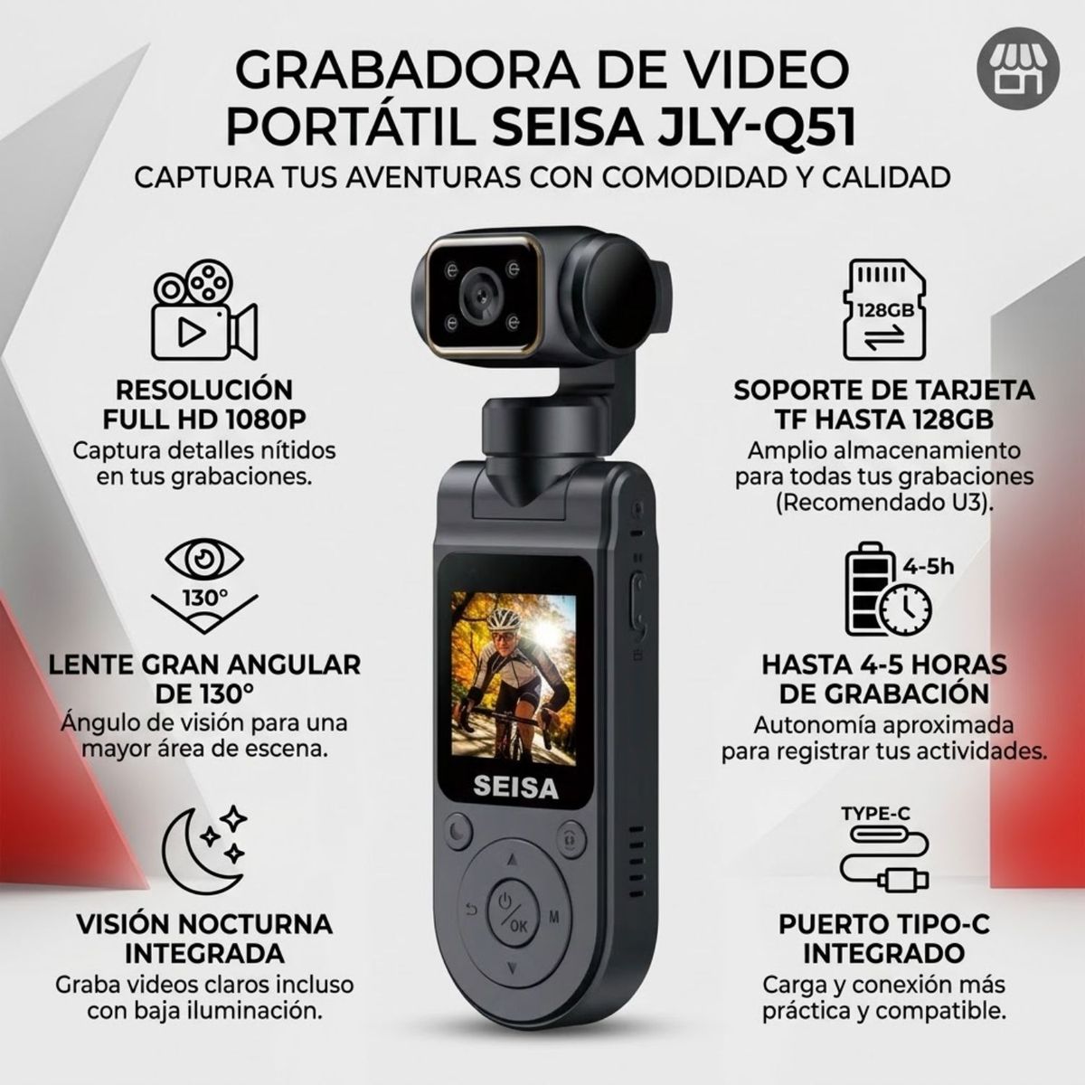 Cámara Grabadora de Video Portátil SEISA JLY-Q51 1080P Visión Nocturna 130° TF 128GB, marca SEISA - Foto Principal