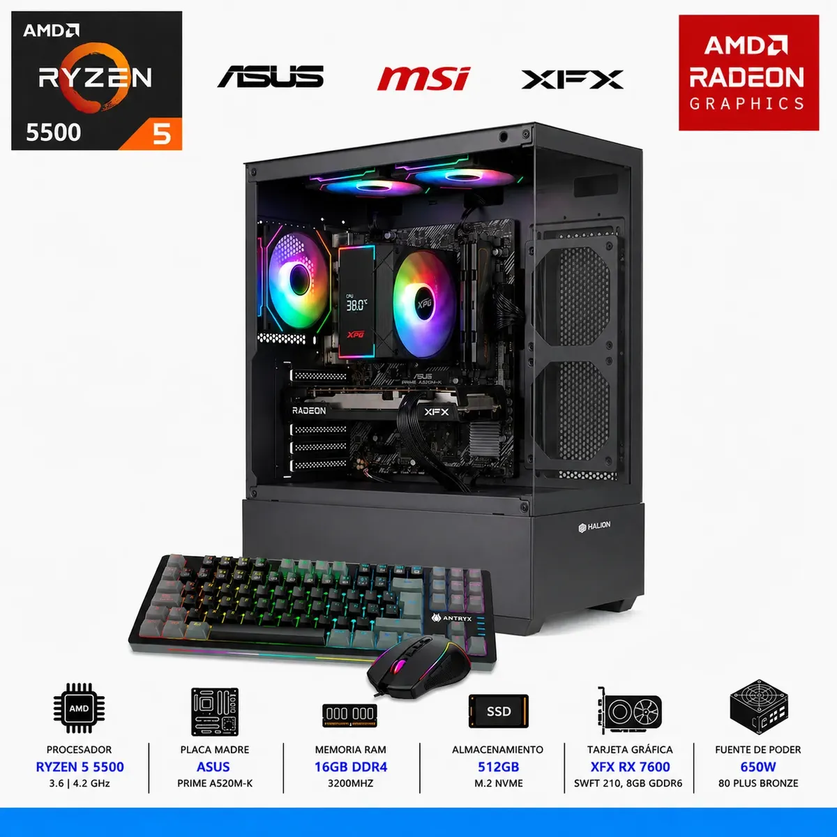 AMD CORP - PC GAMER AMD RYZEN 5, 16GB, SSD 512GB, RX 7600 8GB, CASE ARGB, 650W, TECLADO MECANICO Y MOUSE