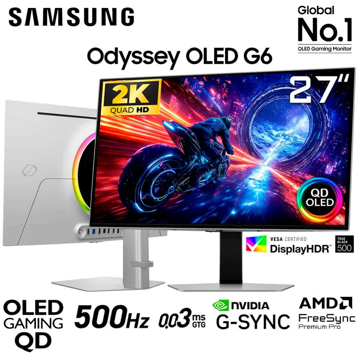SAMSUNG - Monitor Samsung 27" Odyssey OLED G6 LS27FG602SLXPE QHD 500Hz, 0.03MS GTG, DisplayHDR500