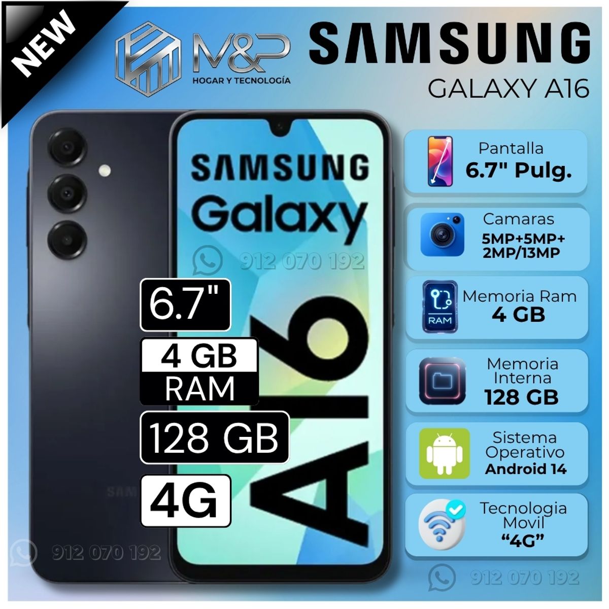 SAMSUNG - Celular Samsung Galaxy A16 4GB RAM 128GB  6.7" Pulg. Android 14 - Negro Azulado