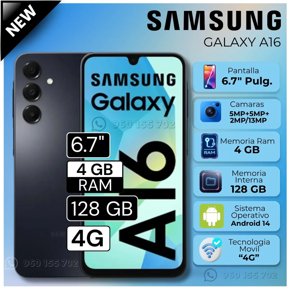 SAMSUNG - Celular Samsung Galaxy A16  6.7" Pulg. 4GB RAM 128GB  Android 14 - Negro Azulado