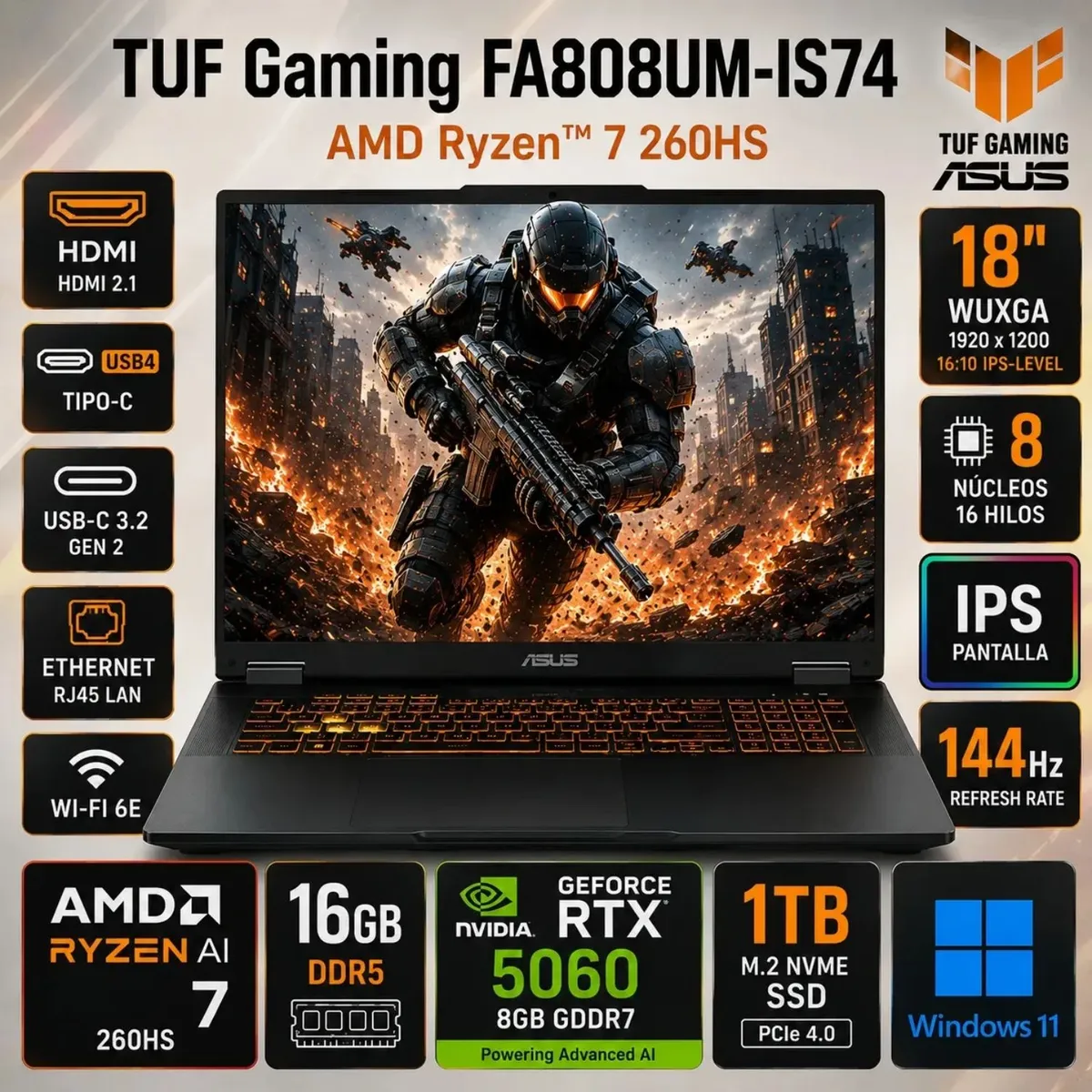 ASUS - Laptop Gamer ASUS TUF GAMING A18 18" WUXGA AMD Ryzen™ 7 260HS RTX 5060 16GB RAM 1TB  - FA808UM-IS74