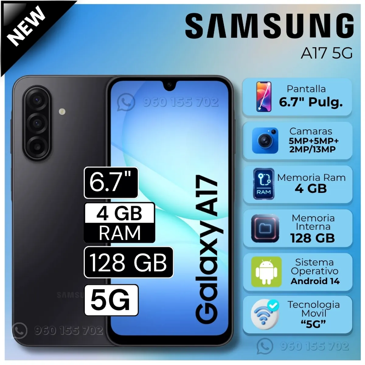SAMSUNG - Celular Samsung A17 5G 4GB RAM 128GB  6.7"  Pulg. Android 14 - Negro
