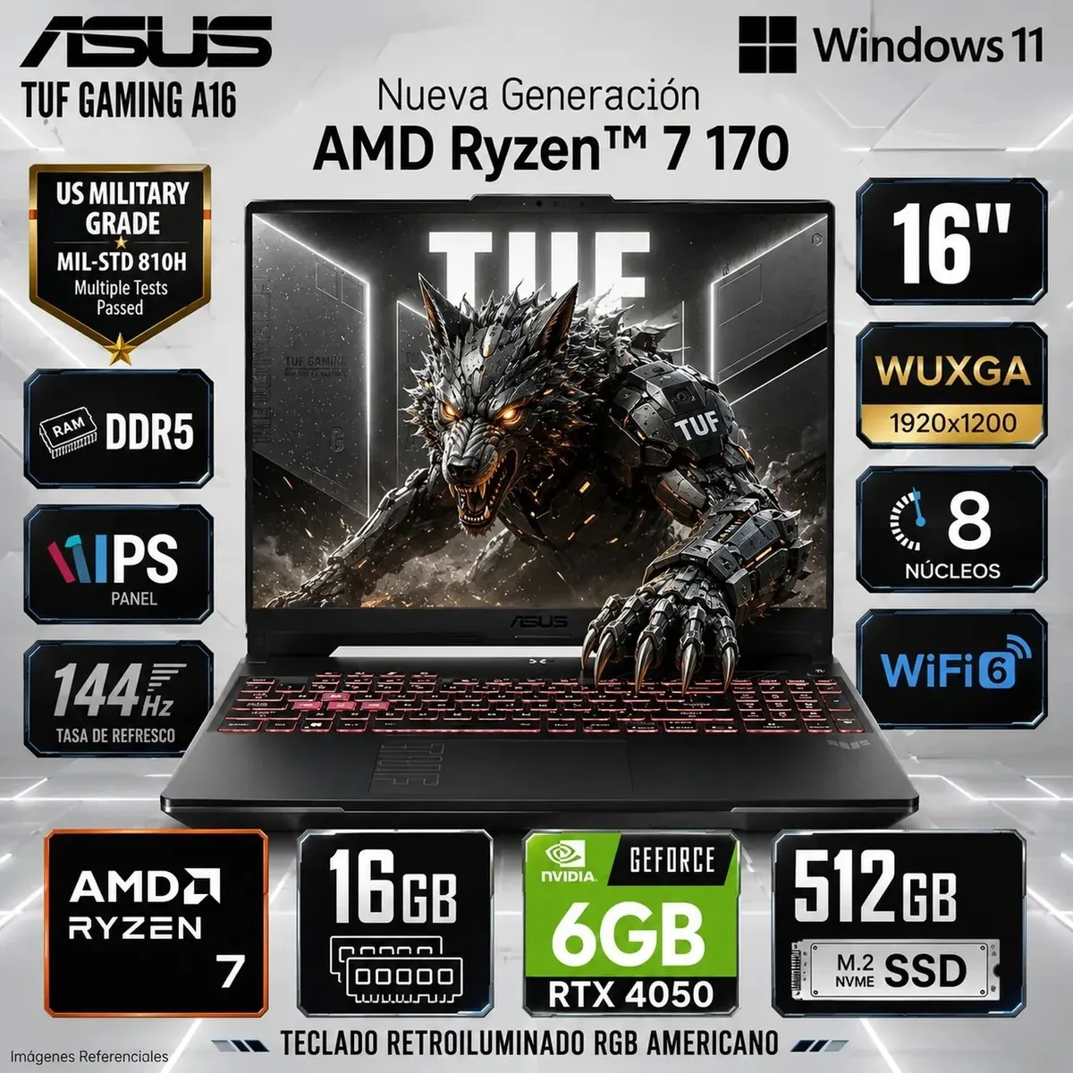 ASUS - Laptop Asus TUF Gaming A16 FA607NUQ-WS73 AMD Ryzen 7 170 16GB RAM 512GB SSD RTX 4050-6GB 16" WUXGA