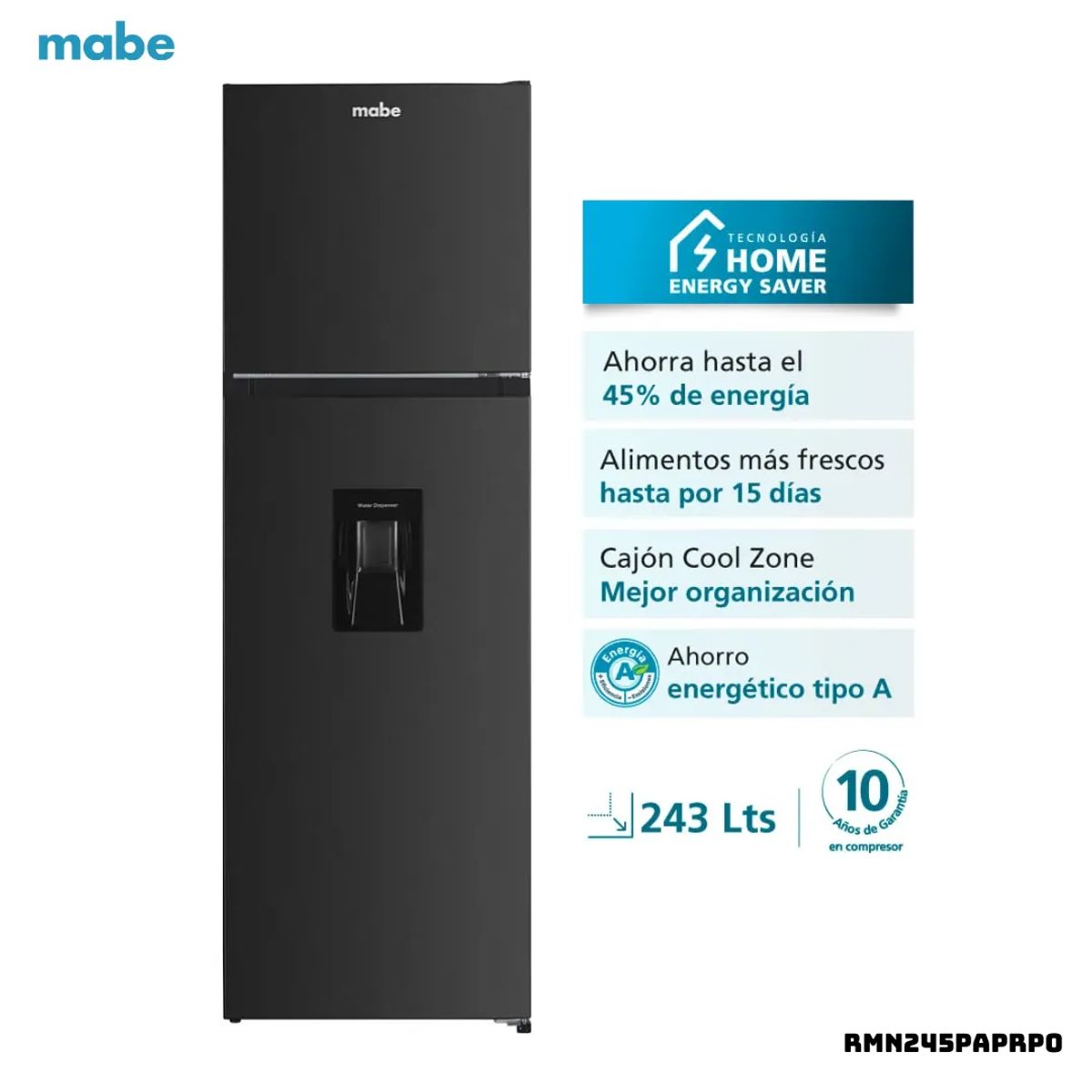 SAMSUNG - REFRIGERADORA MABE 243 L TOP FREEZER CON DISP DE AGUA GRAFITO - RMN245PAPRP0