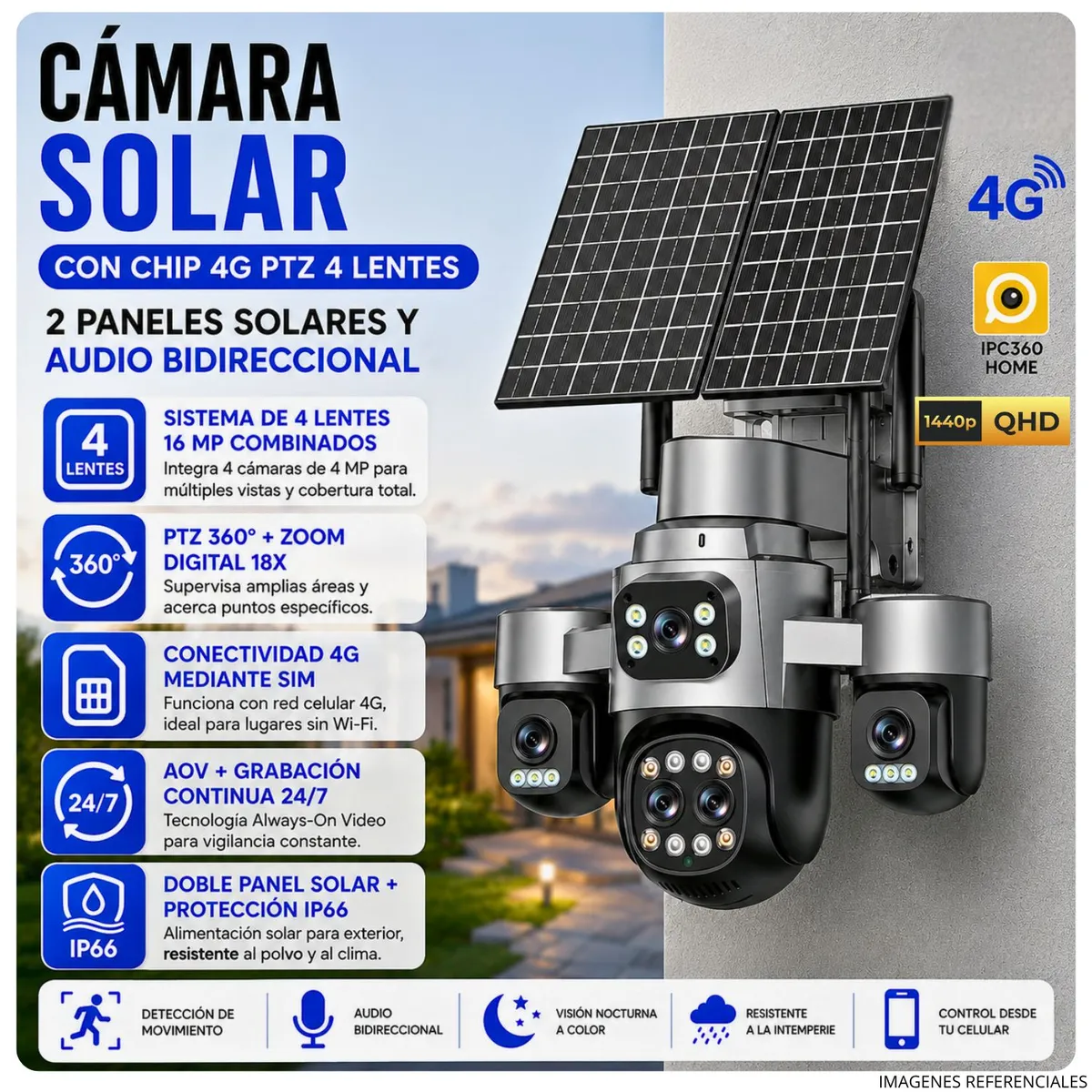 OEM - Cámara Seguridad Solar 4G 4 Lentes 16MP PTZ 360° Zoom 18X