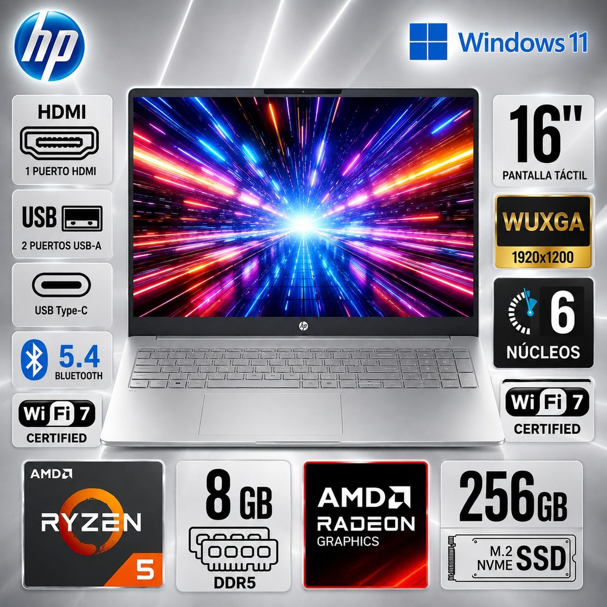 HP - Laptop HP OmniBook 3 16" WUXGA Touch AMD Ryzen 5 40 8GB 256GB SSD Windows 11 16-BY0015DX
