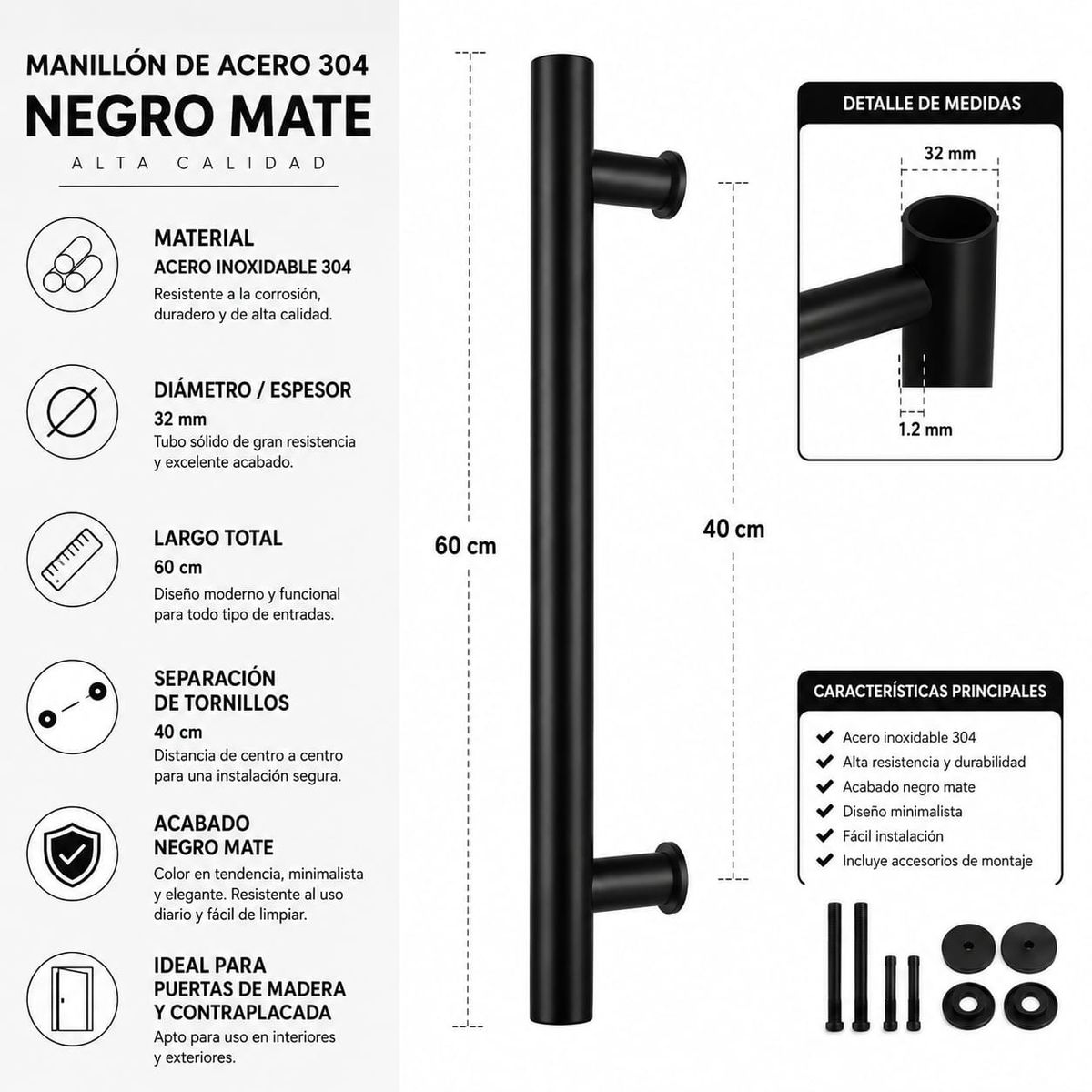Manillón Jalador Para Puerta 60cm Acero 304 Negro Mate, marca STIHL - Foto 2