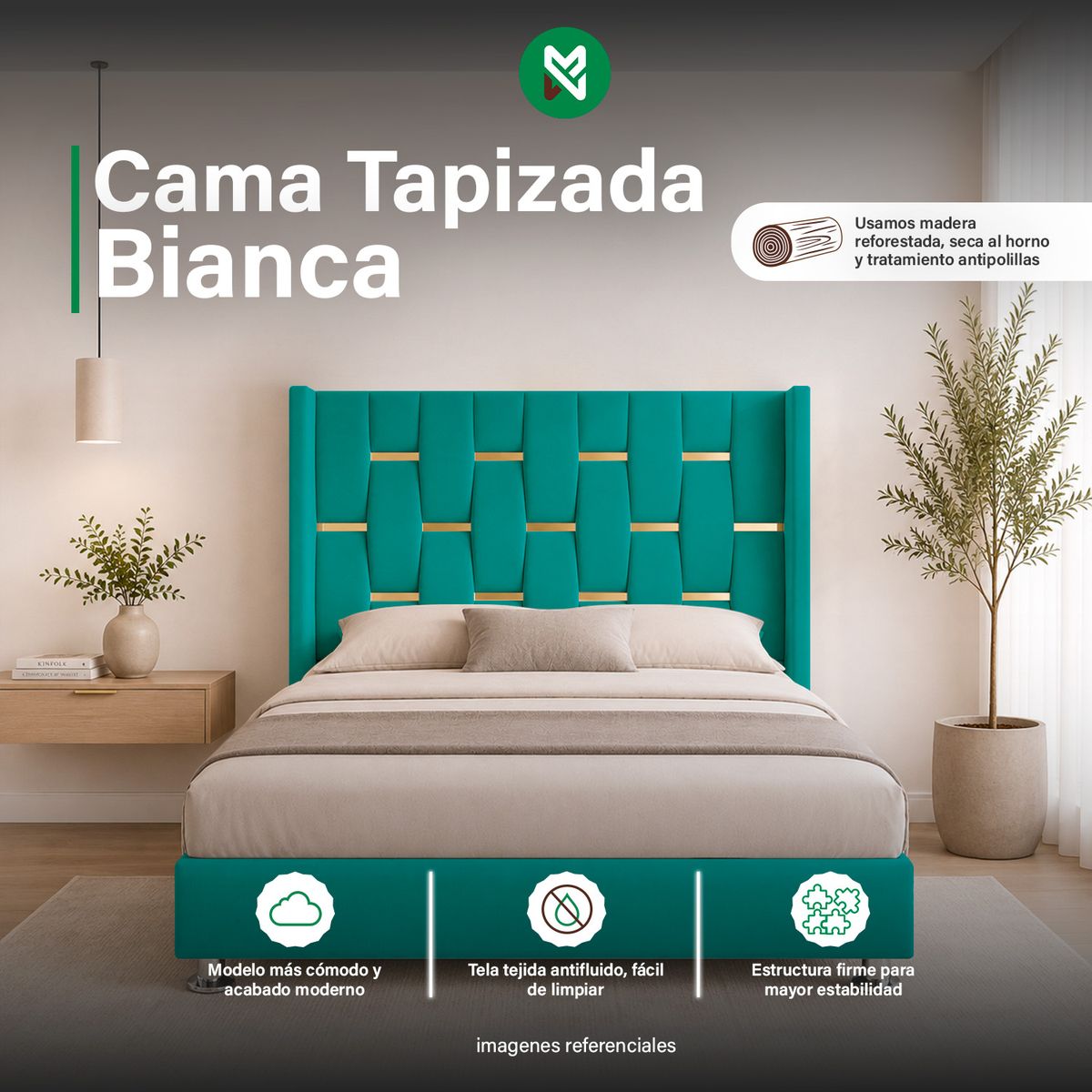 MUEBLES MACRUMO - Combo Cama Tapizada Bianca + Colchón Semiortopédico - King - Turquesa