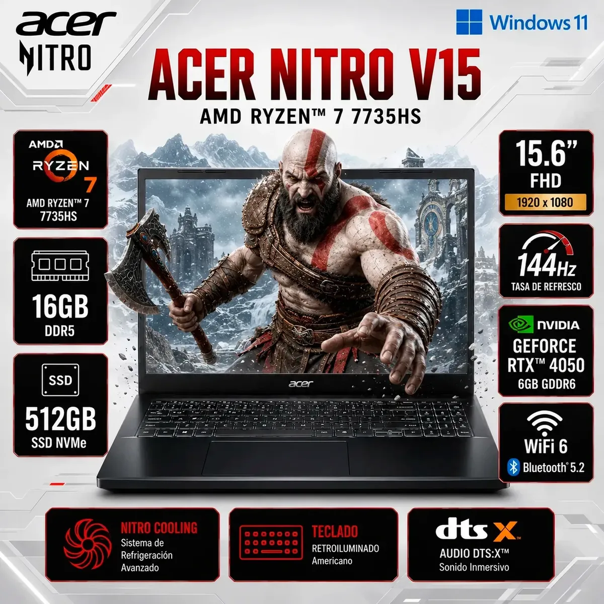 ACER - Laptop Gamer Acer Nitro V15 Ryzen 7 7735HS 16GB 512GB SSD RTX 4050 144Hz 15.6" ANV15-41