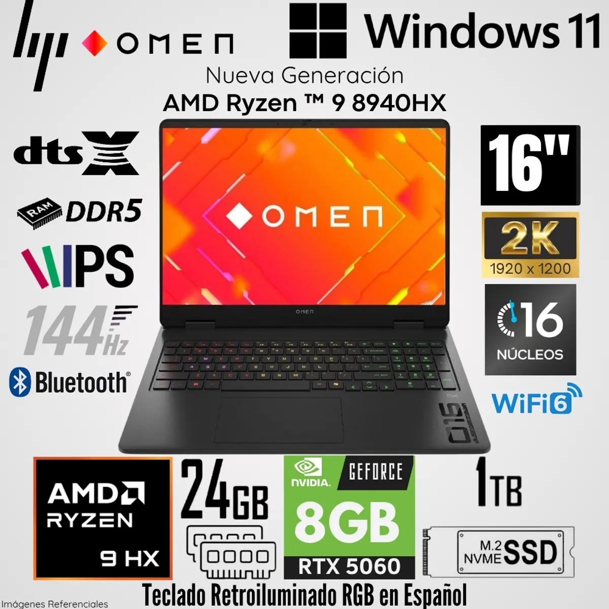 HP - Laptop HP Gaming OME 16-AP0008LA AMD Ryzen 9 8940HX 24GB RAM 1TB SSD RTX 5060-8GB 16"  2K WUXGA