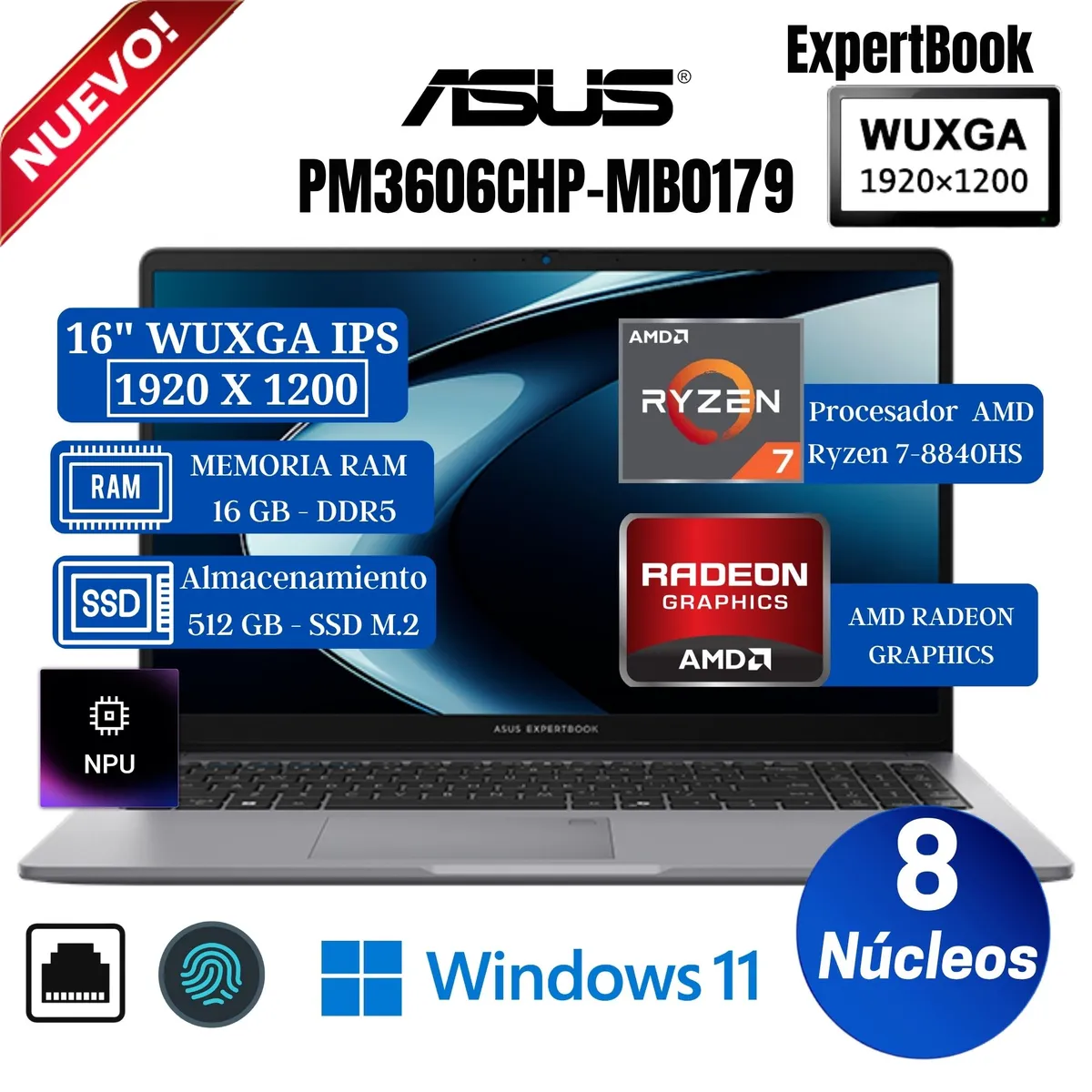 ASUS - Laptop Asus ExpertBook PM3606CHAP-MB0179 16" WUXGA IPS, Ryzen 7-8840HS, Ram 16GB, SSD 512 GB, Win 11.