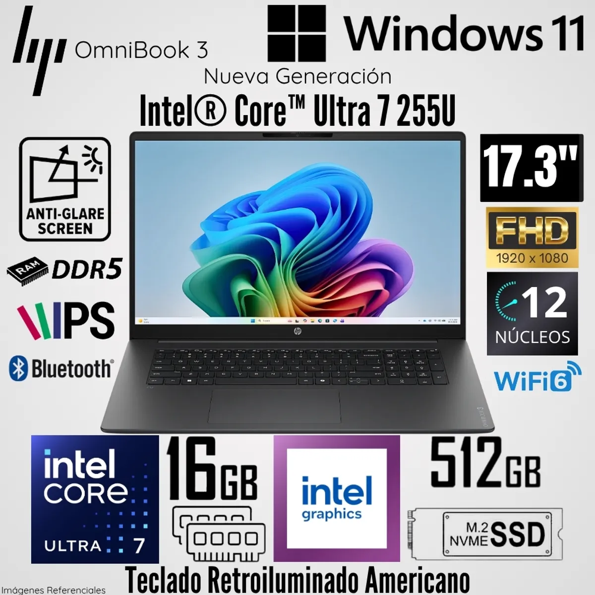 HP - Laptop HP Omnibook 3 17-DG0107DX Intel Core Ultra 7 255U 16GB RAM 512GB RAM 17.3"  FHD - Mica Gray