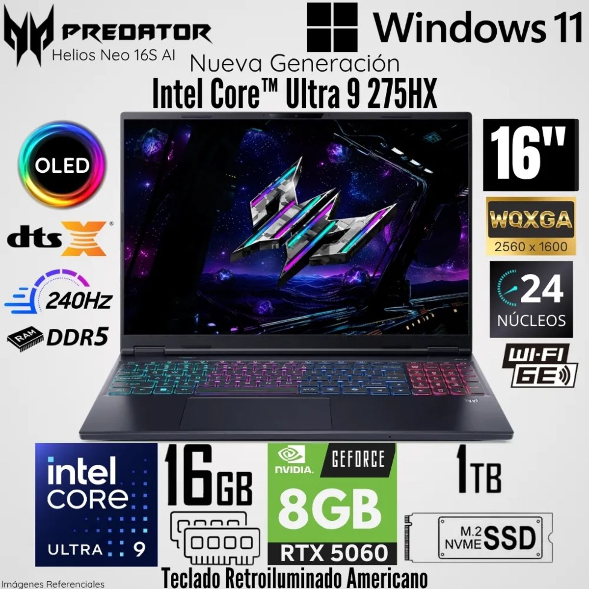 ACER - Laptop Acer Predator Helios NEO 16S AI Intel Core Ultra 9 275HX 16GB RAM 1TB SSD RTX 5060 16"  OLED