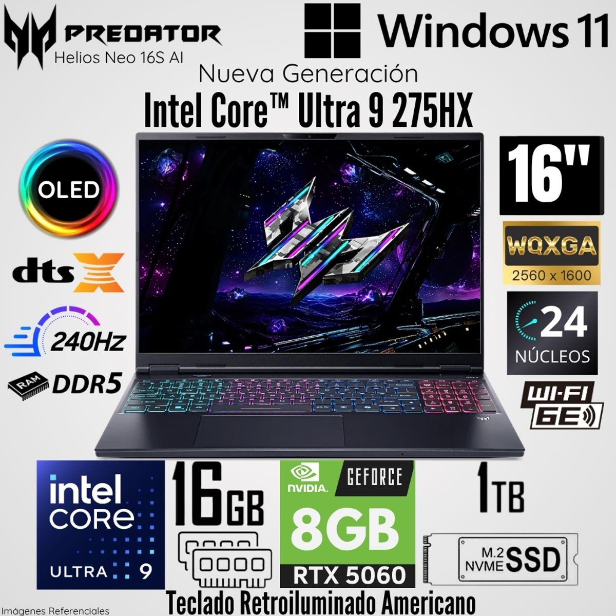 ACER - Laptop Acer Predator Helios NEO 16S AI Intel Core Ultra 9 275HX 16GB RAM 1TB SSD RTX 5060 16"  OLED