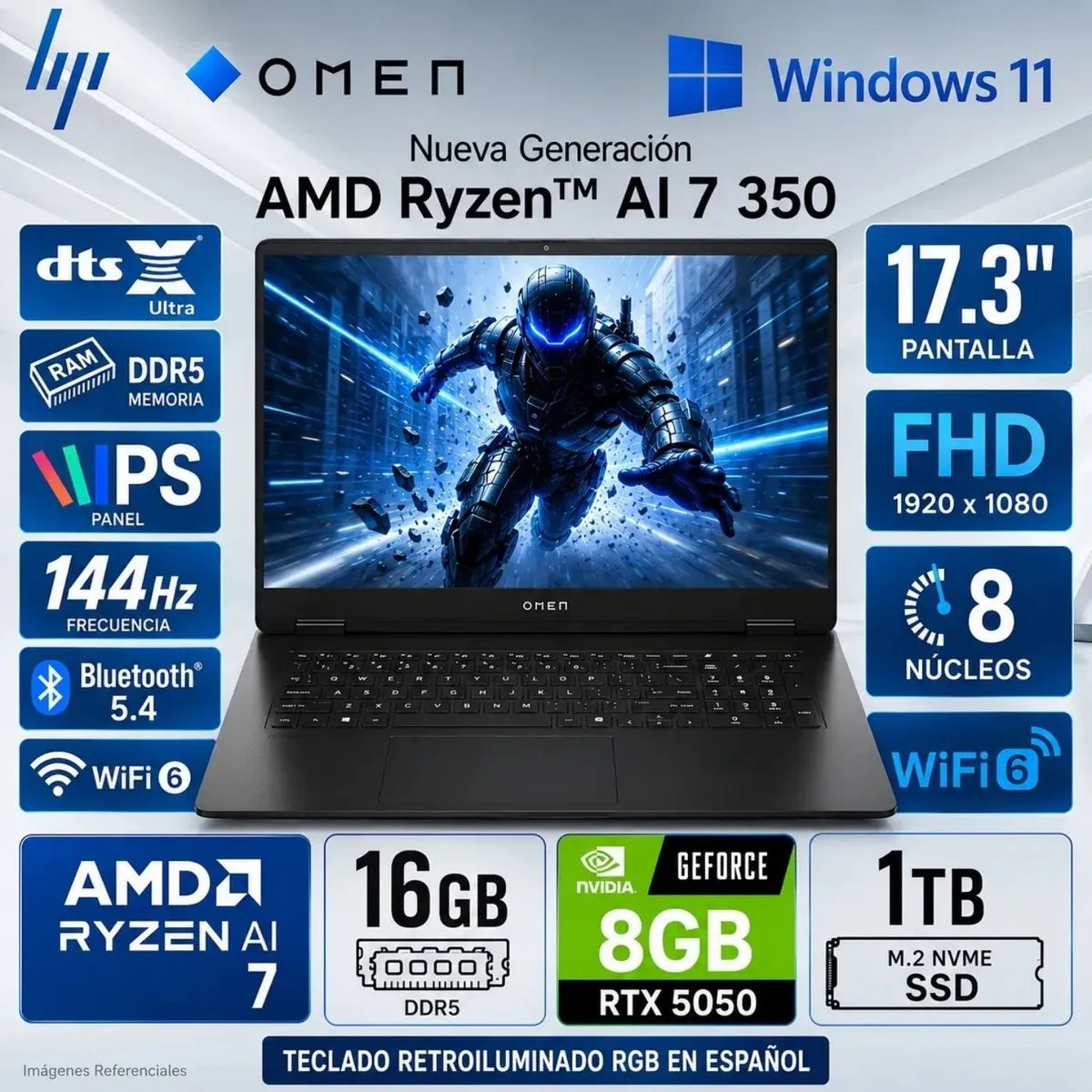 HP - Laptop Gamer HP OMEN AMD Ryzen AI 7 350 16GB 1TB SSD RTX 5050 8GB 17.3" FHD 17-DB1001LA