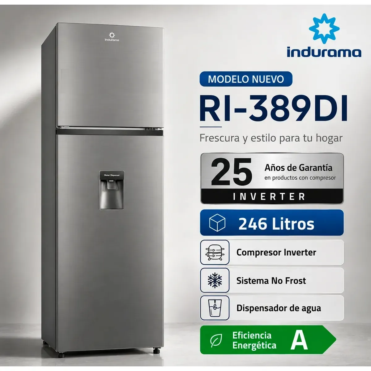 INDURAMA - Refrigeradora Indurama RI-389DI 246L No Frost con Dispensador de Agua – Plateado