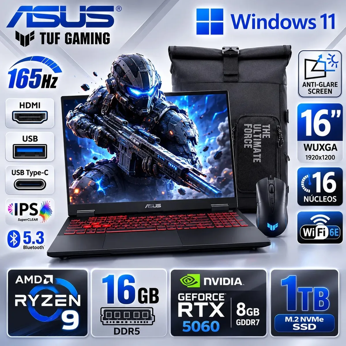 ASUS - Laptop ASUS TUF A16 AMD Ryzen 9 8940HX RAM 16 GB  1 TB RTX5060 8GB 16" WUXGA Windows 11 HOME
