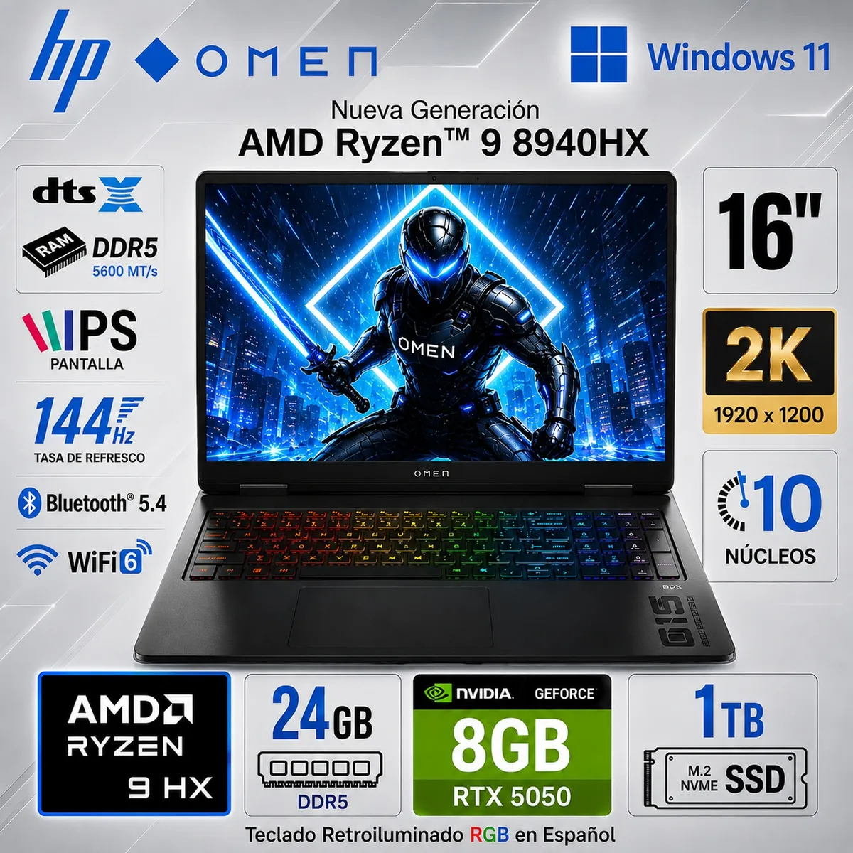 HP - Laptop HP OMEN 16-AP0008LA Ryzen 9-8940HX 24GB 1TB SSD RTX 5060 16"