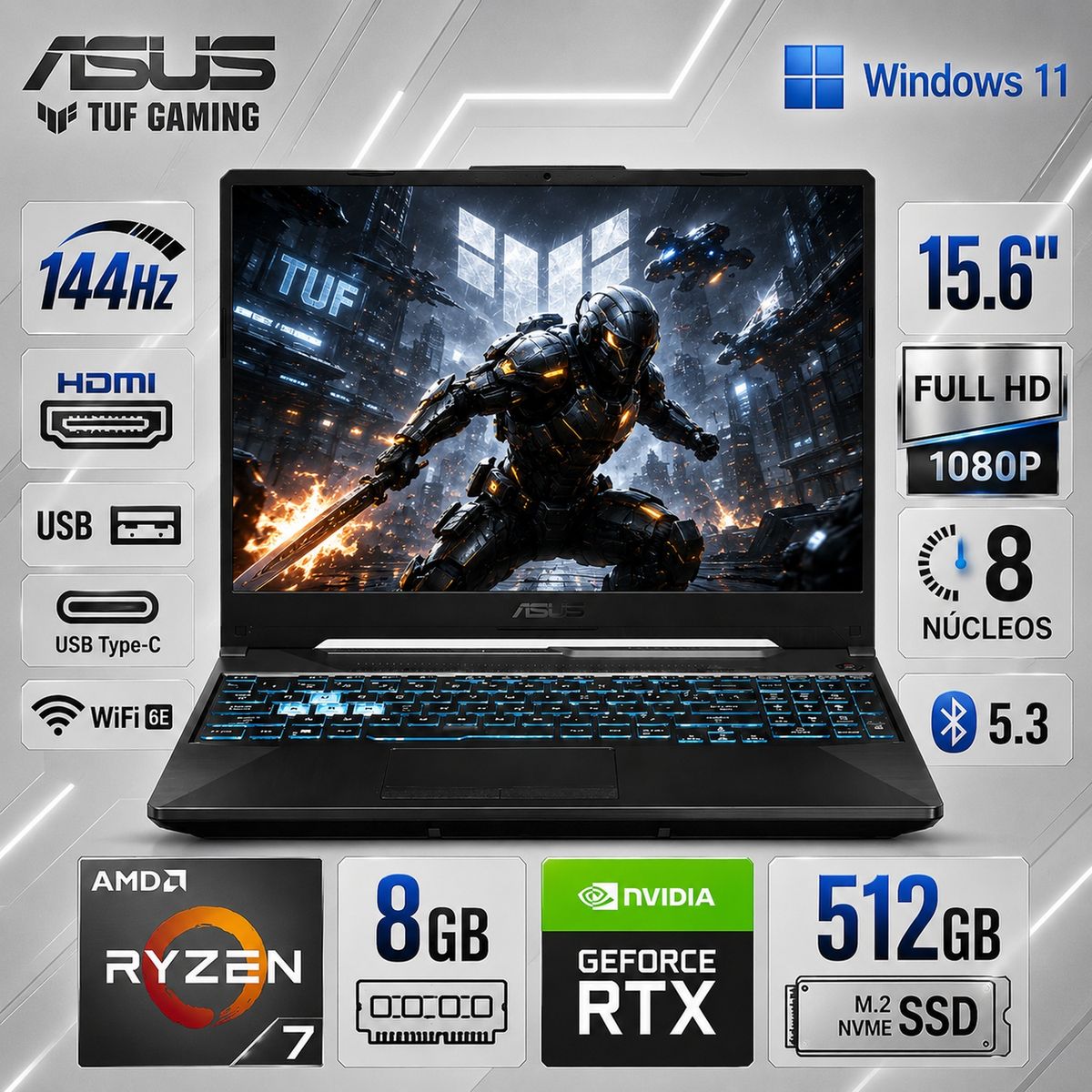 ASUS - Laptop Asus Tuf Gaming A15 AMD Ryzen 7 170 RTX 3050 8Gb RAM 512 SSD FA506NCQ-HN012W 15.6 pul