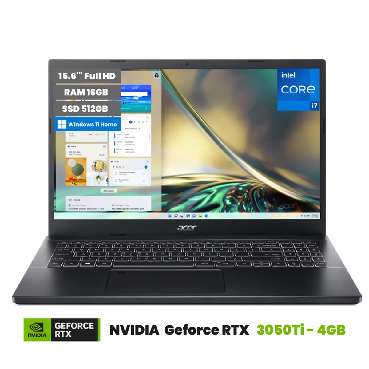 ACER - Laptop ACER Aspire 7 A715-51G i7-1260P 16GB 512GB TV 4GB RTX 3050Ti 15.6 FHD Windows11H Charcoal Black