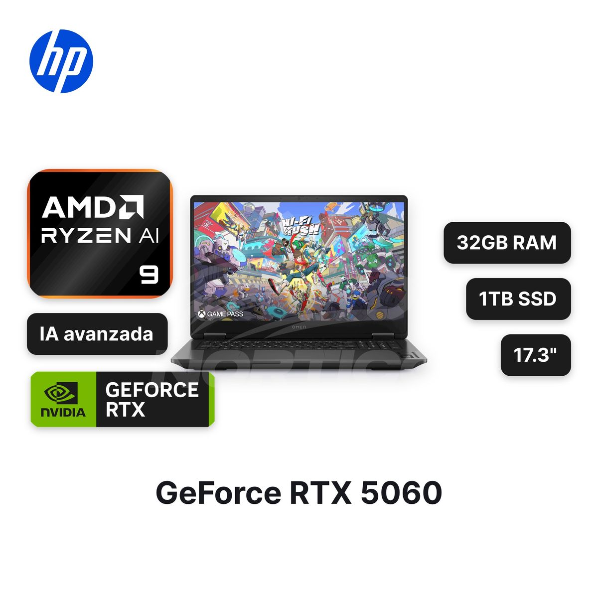 HP - Laptop HPOMEN 17-DB1002LA Ryzen AI 9-365 32GB 1TB SSD RTX 5060 17.3" (CW4G9LA#ABM)