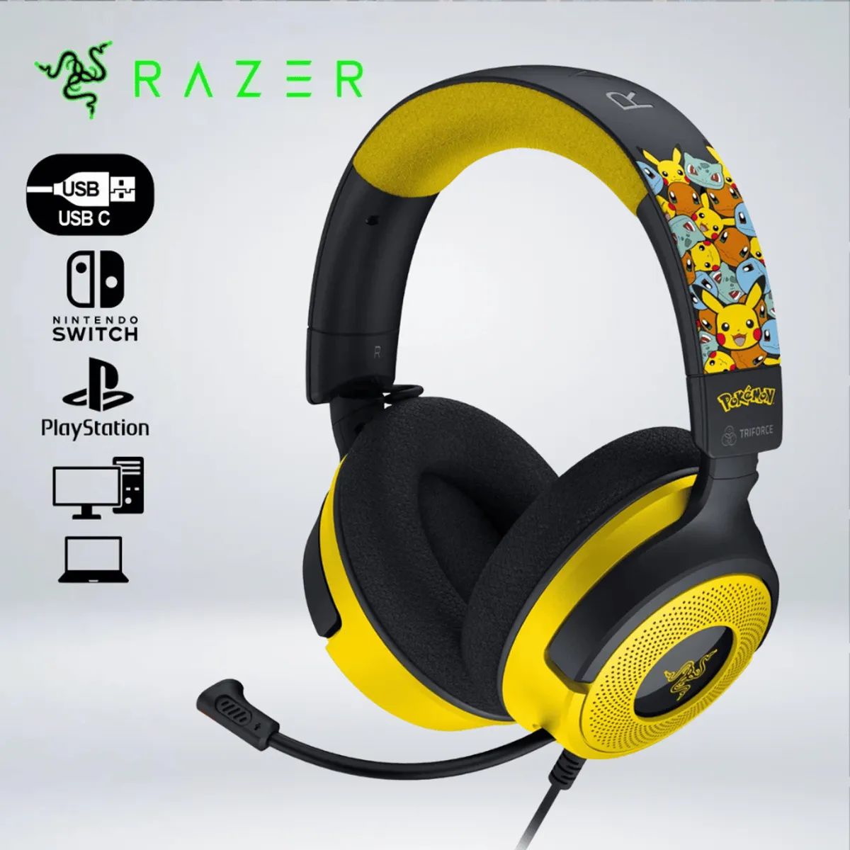 RAZER - AUDIFONO GAMER KRAKEN V4 X POKEMON RGB USB-C SONIDO 7.1 HYPERCLEAR