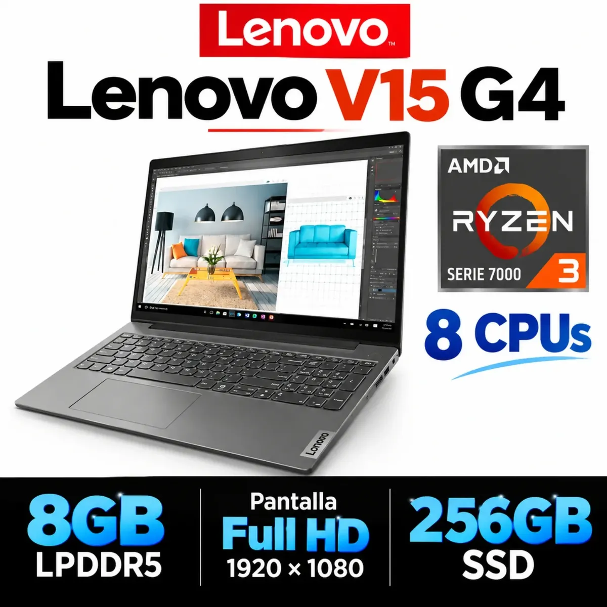 LENOVO - Lenovo V15 G4 AMN Ryzen 3-7320U, 8GB RAM, 256GB SSD, 15.6″ FHD, Windows 11