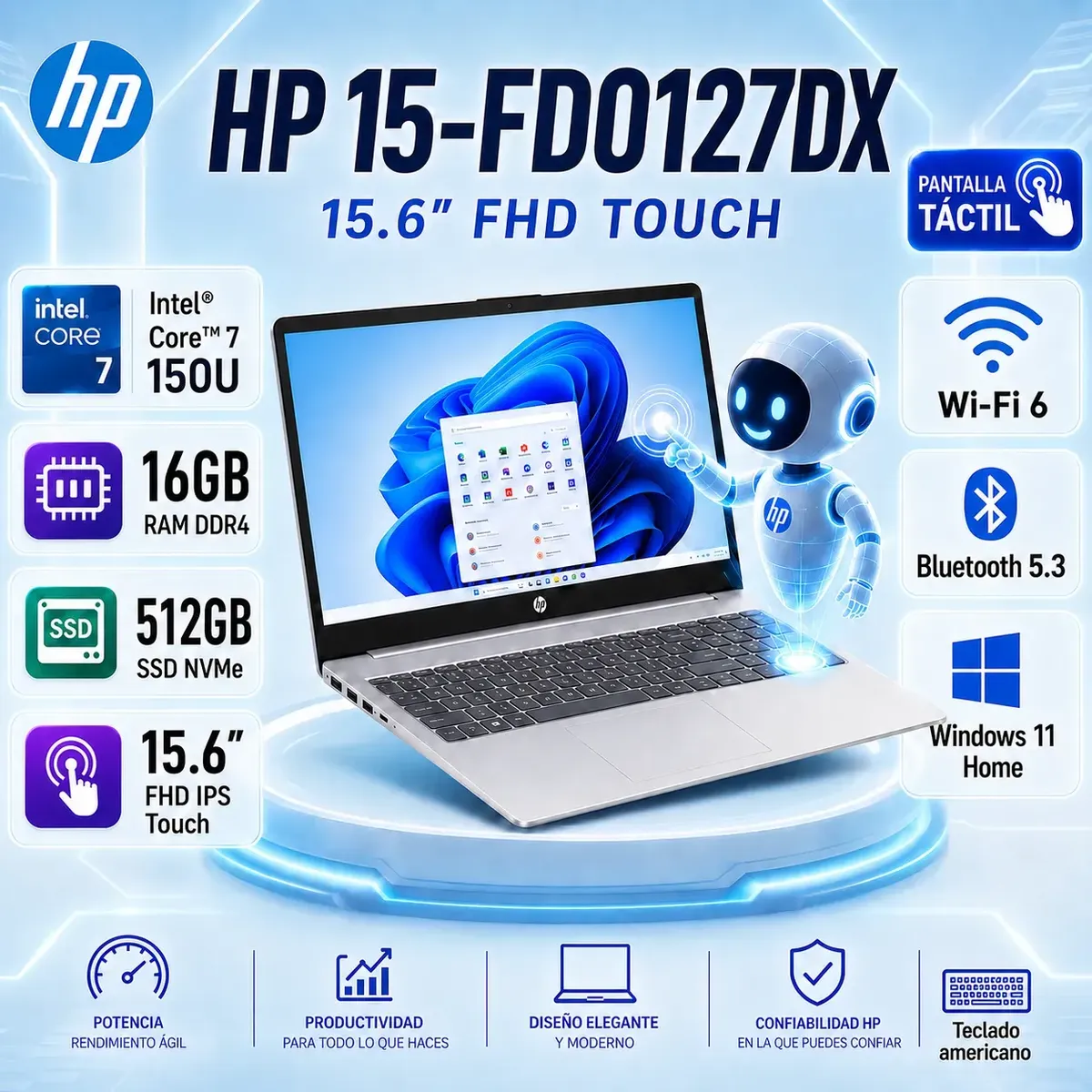HP - Laptop HP 15-FD0127DX 15.6″ FHD Touch Intel Core 7 150U 16GB 512GB SSD