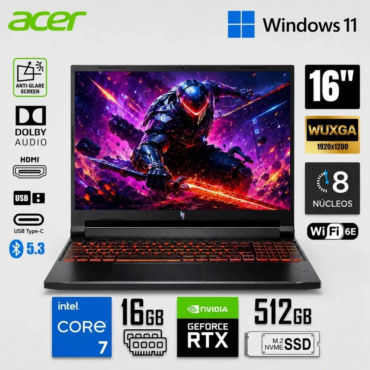 ACER - Laptop ACER NITRO V ANV16-72-7809 GAMING Core 7 240H, 512GB 32GB 16" WUXGA RTX 5060