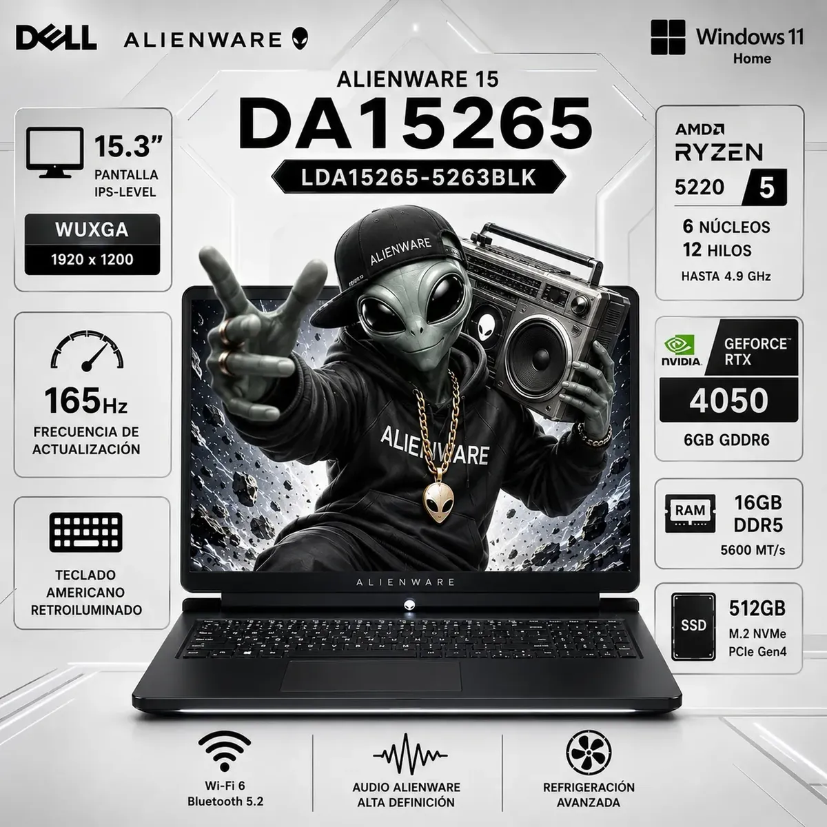 Dell - Laptop Alienware 15 Ryzen 5 220 16GB DDR5 512GB SSD RTX 4050 6GB 15.3 WUXGA 165Hz Win 11 DA15265