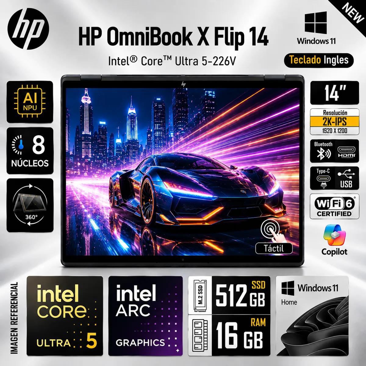 HP - LAPTOP HP 14-FM0013DX INTEL CORE ULTRA 5-226V 16GB 512GB SSD 14" 2K TACTIL WIN11