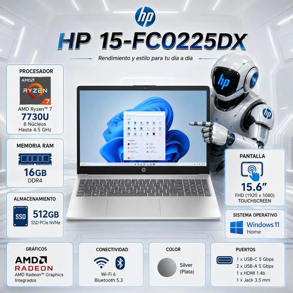 HP - Laptop HP 15 Ryzen 7 7730U 16GB DDR4 512GB SSD 15.6" FHD Touch Win11 15-FC0225DX