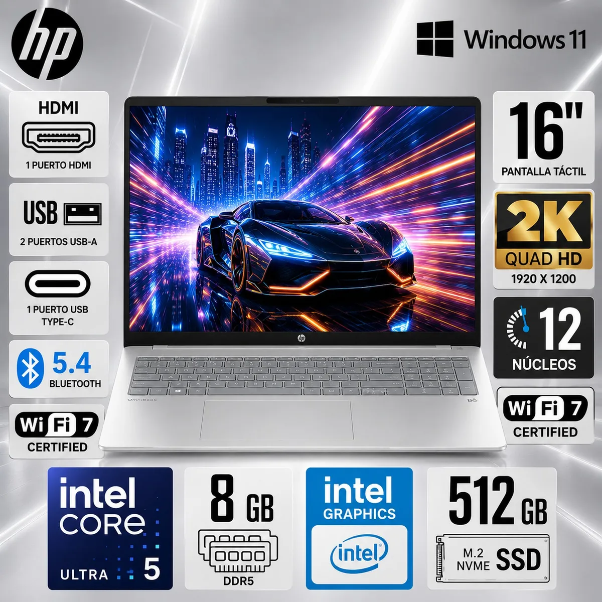 HP - LAPTOP HP OMNIBOOK 3 16-bu0305dx INTEL CORE ULTRA 5-225U 8GB-DDR5 512GB 16"2K  -TACTIL