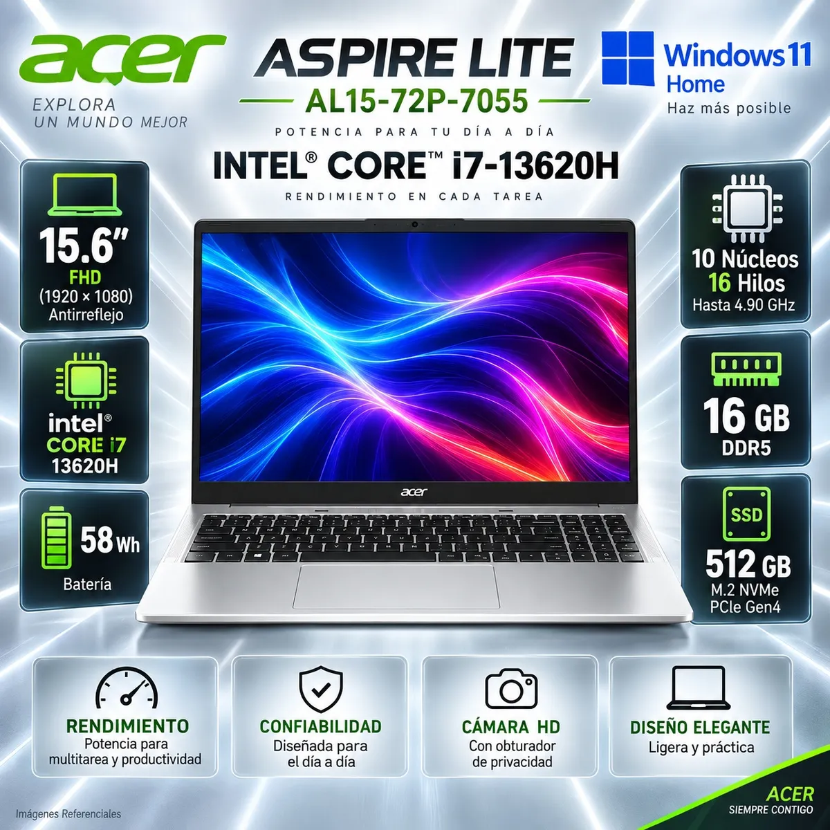 ACER - Laptop Acer Aspire Lite Core i7-13620H 16GB DDR5 512GB SSD 15.6" FHD Windows 11 AL15-72P-7055