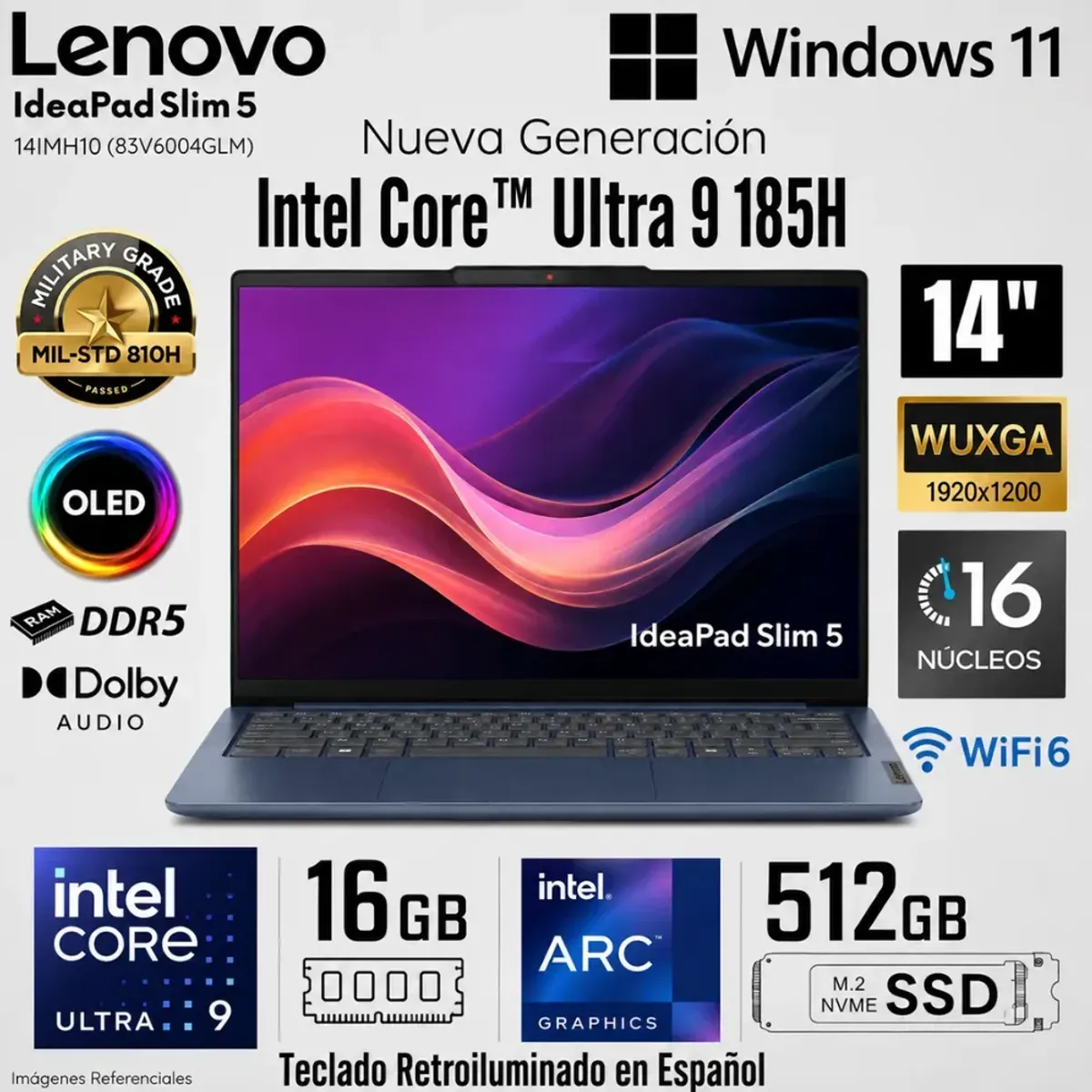 LENOVO - LaptopLenovo IdeaPadSlim 5 14IMH10 IntelCore Ultra 9 185H 16GBRAM 512GBSSD 14" OLED WUXGA 83V6004GLM