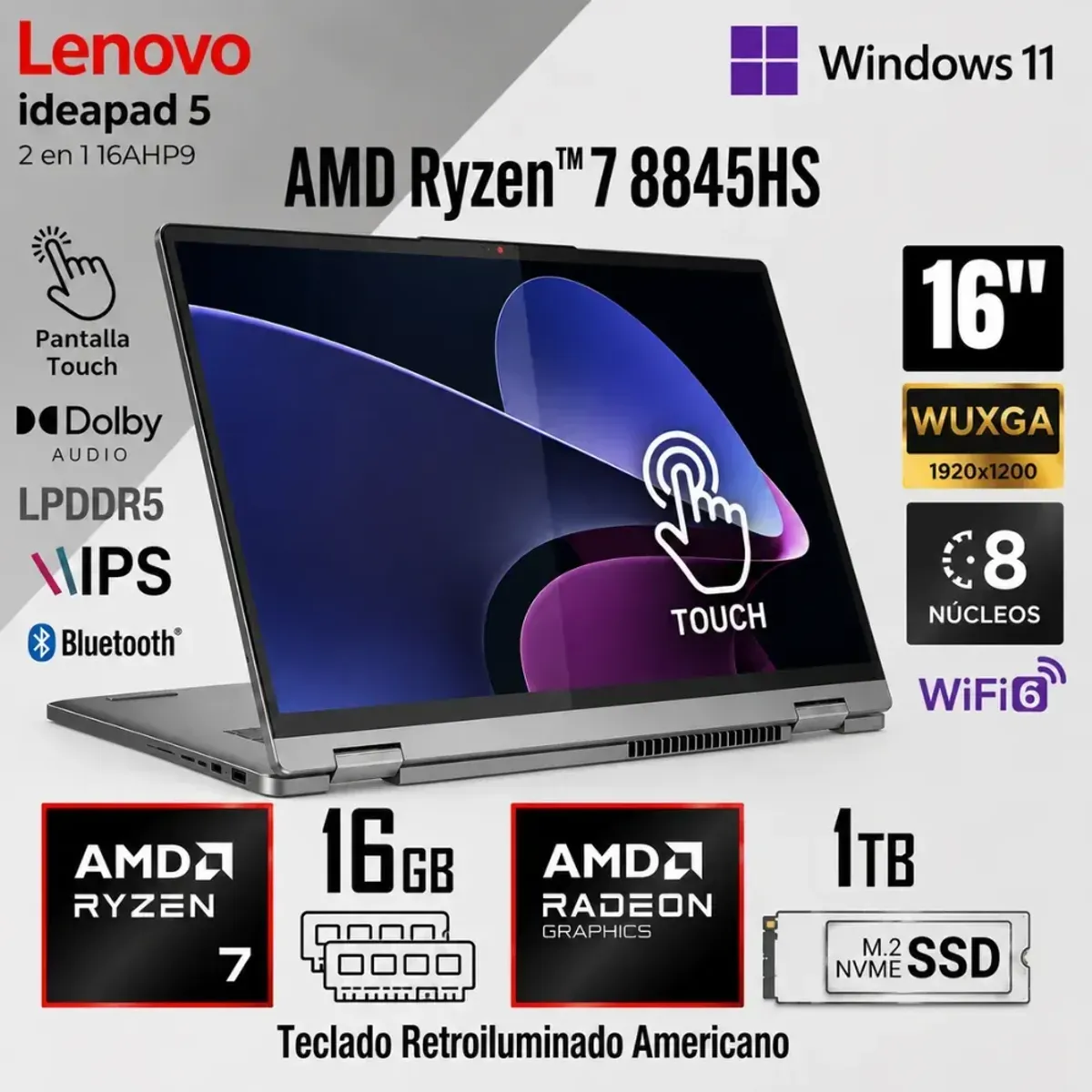 LENOVO - Laptop Lenovo IdeaPad 5 2 en 1 16AHP9 AMD Ryzen 7 8845HS 16GB RAM 1TB SSD 16" WUXGA Táctil 83DS0056U