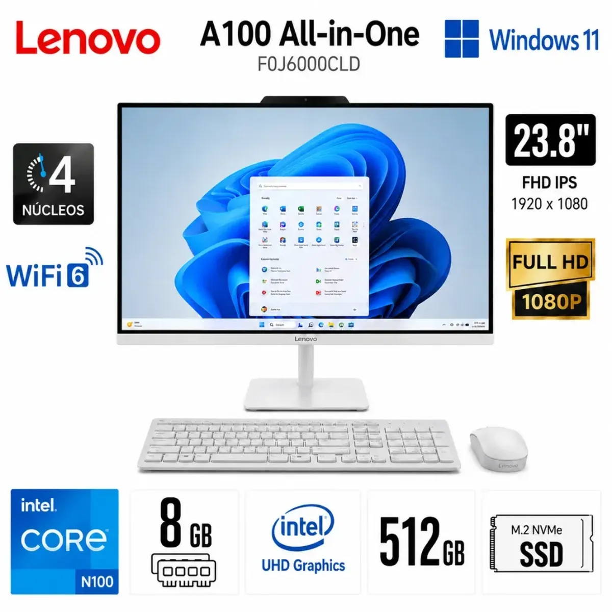 LENOVO - ALL IN ONE LENOVO A100 INTEL N100 8GB RAM 512GB SSD 23.8 FHD W11 CLOUD GREY F0J6000CLD