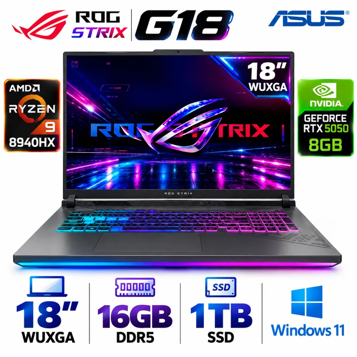 ASUS - Asus ROG Strix G18  Ryzen 9-8940HX, 16GB RAM, 1TB SSD, RTX 5050 8GB, 18″ WUXGA, Windows 11