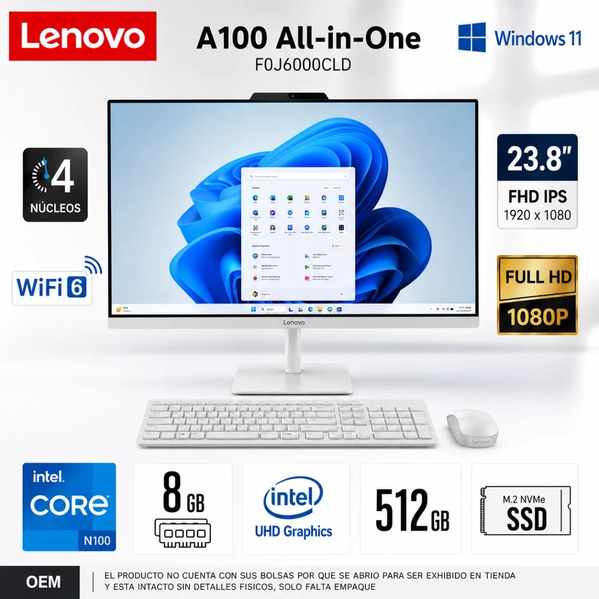 LENOVO - ALL IN ONE LENOVO A100 INTEL N100 8GB RAM 512GB SSD 23.8 FHD OPENBOX