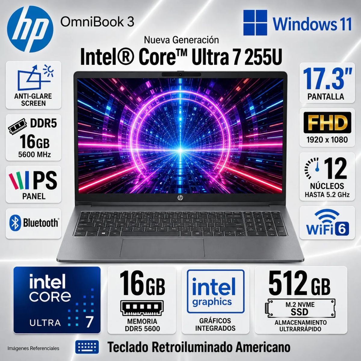 HP - Laptop HP OmniBook 3 17-DG0107DX CoreUltra7-255U 16GB 512GB SSD 17" (D7NF3UA#ABA)